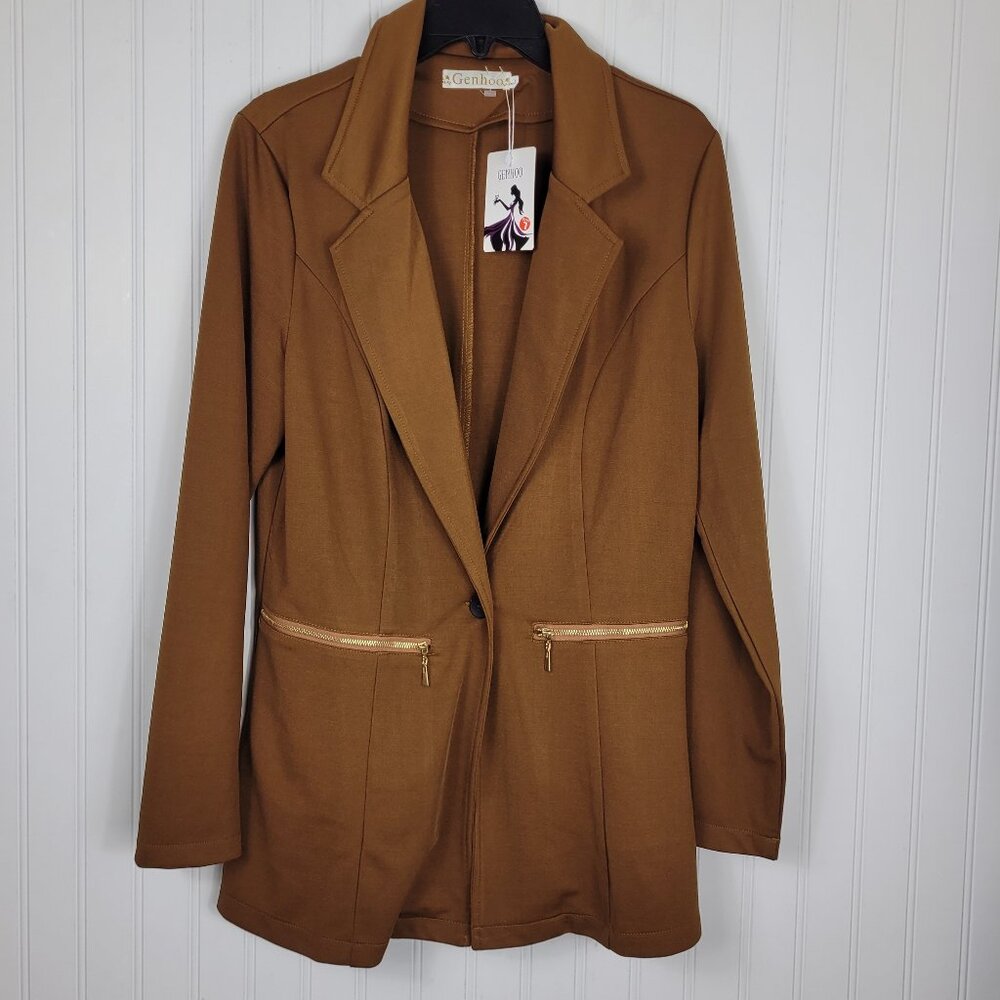 NWT GENHOO Women's Brown Blazer Gold Zipper Pockets, SZ Large